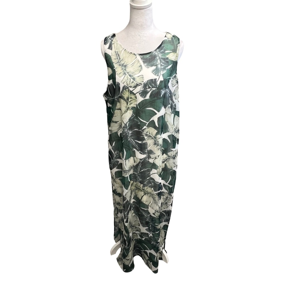 Vince Camuto Maxi Dress Sleeveless Tropical Leaf Green Sz L Coastal Boho Chiffon